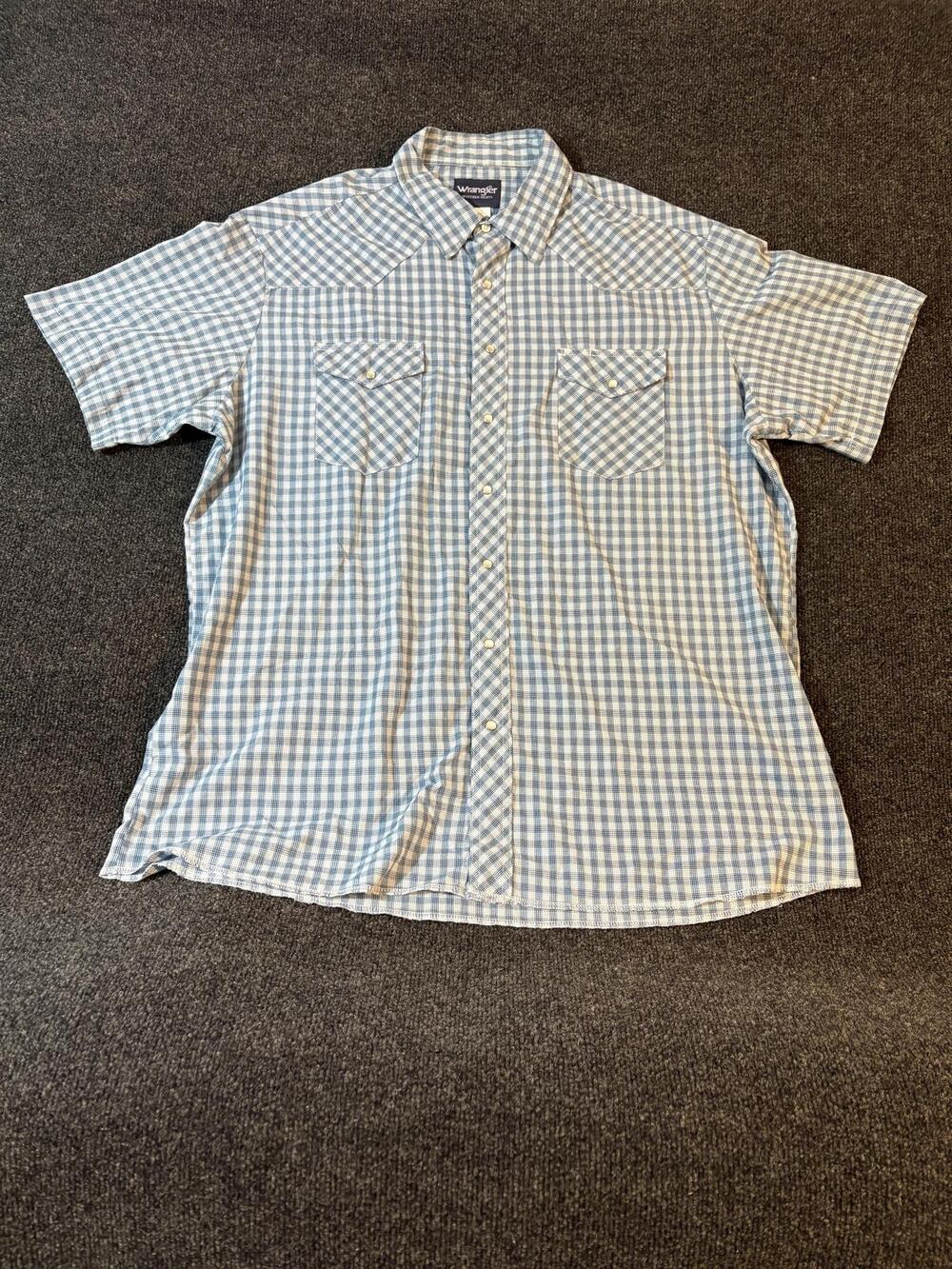 Wrangler Shirt Mens 2XLT Blue Check Short Sleeve Western Snap Pockets Casual